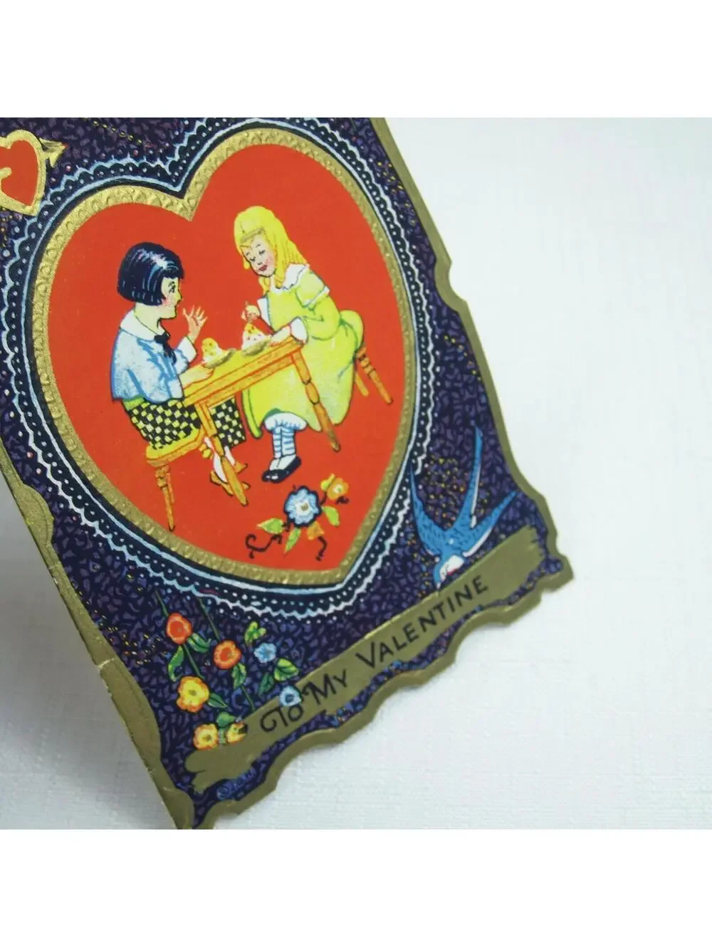 Vintage Valentine Die cut Fold Card Boy & Girl Gold Embossed 1920s-30s UNSIGNED